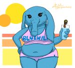  4_fingers alien beverage big_breasts black_eyes blue_body blue_milk blue_skin bottomwear breasts clothing female fingers floppy_ears geometric_background hand_on_hip holding_beverage holding_object humanoid looking_at_viewer navel ortolan overweight pink_bottomwear pink_clothing pink_shirt pink_shorts pink_tank_top pink_topwear proboscis_(anatomy) shirt shorts signature simple_background solo star_wars tank_top text text_on_clothing text_on_topwear thick_thighs topwear trunk_(anatomy) zigmenthotep 