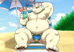  absurd_res anthro beach bear belly bulge cigarette cigarette_in_mouth clothing eyebrows fur hi_res leib_(tas) lifewonders looking_at_viewer male mammal musclegut navel nipples object_in_mouth one_eye_closed pawpads pecs polar_bear reddo12340 sand seaside smoking solo speedo swimwear thick_eyebrows tokyo_afterschool_summoners ursine white_body white_fur wink 