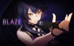  1girl asymmetrical_gloves bandaid bandaid_on_face bandaid_on_nose bare_shoulders black_gloves black_hair ear_covers fingerless_gloves gloves holding holding_microphone kuzumochi_(kuzumochiya) long_hair looking_at_viewer microphone narita_brian_(hungry_wolves)_(umamusume) narita_brian_(umamusume) official_alternate_costume outstretched_arm parted_lips purple_background signage single_ear_cover solo umamusume yellow_eyes 