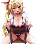  1girl :d bikini bikini_under_clothes black_choker blonde_hair blunt_bangs blush breasts chair choker cleavage clothes_lift collarbone commentary_request cowboy_shot festa11307070 furrowed_brow hair_ornament heterochromia highres hoshikawa_sara large_breasts lifted_by_self long_hair looking_at_viewer nijisanji open_clothes open_mouth open_shirt paid_reward_available purple_bikini red_eyes school_chair shirt side_ponytail signature simple_background sitting sitting_backwards skirt skirt_lift smile solo swimsuit virtual_youtuber white_background white_shirt x_hair_ornament yellow_eyes 