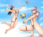  2girls armband armpits barefoot beach_volleyball bikini black_hair blonde_hair blue_eyes blue_nails blue_sky blush cameltoe choker cloud earrings highres jewelry long_hair multiple_girls nail_polish navel open_mouth orange_bikini original ponytail purple_nails sawaragi sky slingshot_swimsuit sweat swimsuit thigh_strap toenail_polish toenails twintails visor_cap 