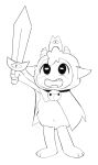  ambiguous_gender anthro black_and_white bovid cape caprine clothing crown cult_of_the_lamb fur hanaman headgear hi_res holding_object holding_sword holding_weapon horn lamb_(cult_of_the_lamb) looking_up mammal melee_weapon monochrome red_crown_(cult_of_the_lamb) sheep simple_background smile solo sword weapon white_background wool_(fur) 