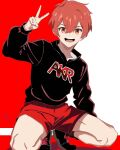  1boy :d black_footwear black_shirt commentary dated hair_between_eyes highres kiyose_akira long_sleeves male_focus open_mouth ppie_07 red_background red_eyes red_hair red_shorts shirt shoes short_hair shorts smile solo squatting symbol-only_commentary two-tone_background uniteup! v white_background 