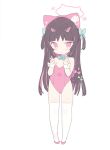  1girl :o animal_ears black_hair blade_(galaxist) blue_bow blush bow breasts cat_ears cat_tail chibi full_body hair_bow halo hands_up highres leotard long_hair looking_at_viewer multicolored_hair multiple_tails nekoyama_nae parted_lips pink_eyes pink_footwear pink_hair pink_leotard shoes simple_background small_breasts solo standing strapless strapless_leotard streaked_hair tail thighhighs toranoana two-tone_hair two_side_up two_tails very_long_hair virtual_youtuber white_background white_thighhighs wrist_cuffs 