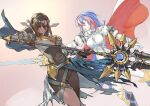  2girls alear_(female)_(fire_emblem) alear_(fire_emblem) black_gloves black_hair blue_hair braid breasts cape cleavage crown_braid fire_emblem fire_emblem_engage gloves holding holding_polearm holding_sword holding_weapon long_hair multicolored_hair multiple_girls namicha nel_(fire_emblem) polearm red_eyes red_hair short_hair sword two-tone_hair weapon 