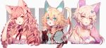  3girls :o animal_ear_fluff animal_ears blonde_hair blue_eyes blue_nails blue_shirt border bow bowtie braid breasts brown_bow brown_bowtie brown_scarf brown_sweater buttons cat_ears cat_tail character_name cleavage collared_shirt cosette_(hen-tie) english_commentary eyelashes fang frilled_sleeves frills gradient_eyes grey_background hair_bow hair_ornament hairclip hand_on_own_chest hand_on_own_face heart heart_in_eye hen-tie highres jacket laelinae_(hen-tie) layered_sleeves long_hair long_sleeves looking_at_viewer low_twintails lyra_(hen-tie) medium_breasts multicolored_eyes multiple_girls off_shoulder open_mouth original own_hands_together pink_bow pink_hair pink_nails pink_shirt purple_bow purple_bowtie purple_eyes purple_jacket red_eyes scarf shirt short_sleeves sleeves_past_elbows sleeves_past_wrists smile sparkle star_(symbol) star_hair_ornament star_in_eye striped striped_bow striped_scarf striped_shirt sweater sweater_jacket symbol_in_eye tail tail_bow tail_ornament twin_braids twintails two-tone_shirt upper_body v vertical-striped_shirt vertical_stripes white_border white_hair white_shirt wide_sleeves 