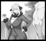  1boy 1girl black_border border breasts chinese_commentary cleavage coat commentary_request curvy cynthia_(pokemon) dawalixi fur-trimmed_coat fur-trimmed_sleeves fur_collar fur_trim greyscale hair_ornament hair_over_one_eye hand_on_own_hip hand_up holding holding_poke_ball large_breasts long_hair looking_at_another monochrome muscular muscular_male open_mouth paid_reward_available poke_ball pokemon pokemon_(game) pokemon_dppt shirt solo_focus taut_clothes taut_pants taut_shirt very_long_hair 
