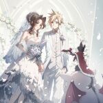  1boy 1girl 1other aerith_gainsborough bangle bare_shoulders blonde_hair blue_eyes blush bouquet bracelet breasts bridal_veil brown_hair cait_sith_(ff7) cape church closed_eyes closed_mouth cloud_strife collared_shirt corsage cross_tie crown detached_sleeves dress falling_petals fang fang_out feet_out_of_frame final_fantasy final_fantasy_vii flower fur-trimmed_cape fur_trim gloves green_eyes hair_between_eyes hair_bun hair_flower hair_ornament hand_in_pocket highres holding holding_bouquet holding_hands husband_and_wife jacket jewelry kieta lace_sleeves light_smile long_dress long_hair long_sleeves looking_at_another medium_breasts mini_crown moogle nail_polish necktie pants pantyhose parted_bangs pendant_choker petals pink_necktie pink_ribbon red_cape ribbon ring ring_box rose shirt short_hair sidelocks smile spiked_hair strapless strapless_dress suit suit_jacket tuxedo two-tone_fur veil waistcoat wavy_hair wedding_dress wedding_ring white_dress white_flower white_gloves white_jacket white_pants white_pantyhose white_rose white_shirt white_suit 