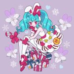  1girl animal_ears ankle_ribbon blue_hair box candy candy_cane dress fake_animal_ears flower food frown full_body gift gift_box gloves head_rest heart highres holding holding_candy holding_candy_cane holding_food leg_ribbon long_hair looking_to_the_side nyaasechan orchid original pink_eyes pink_ribbon rabbit_ears red_gloves ribbon sale sidelocks sitting sleeveless sleeveless_dress snowflakes solo tearing_up thighhighs twintails wavy_hair white_dress white_thighhighs 