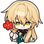  1boy blonde_hair chinese_clothes english_commentary flower hair_between_eyes holding holding_flower honkai:_star_rail honkai_(series) light_smile long_hair long_sleeves looking_at_viewer luocha_(honkai:_star_rail) male_focus official_art red_flower solo transparent_background upper_body white_sleeves 
