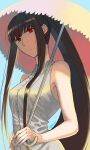  1girl breasts brown_hair commentary_request dress expressionless fate/grand_order fate_(series) long_hair medium_breasts oryou_(fate) parasol red_eyes sidelocks sleeveless sleeveless_dress solo umbrella upper_body very_long_hair white_dress yuuzuki230 