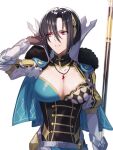  1girl black_hair blue_cape breasts brown_gloves cape cleavage commentary_request corset fire_emblem fire_emblem_engage fur-trimmed_cape fur_trim gloves hand_up highres juliet_sleeves large_breasts long_sleeves nel_(fire_emblem) pink_eyes puffy_sleeves short_hair simple_background solo tomo_shirasu upper_body white_background 