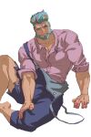  1boy arm_hair bara blue_eyes blue_hair chest_hair_peek demon_horns feet_out_of_frame furrowed_brow highres horns james_p._sullivan large_pectorals linrz_aran looking_at_viewer male_focus mature_male monsters_university muscular muscular_male overalls pants partially_unbuttoned pectoral_cleavage pectorals personification purple_hair purple_shirt sanpaku shirt short_hair sitting solo spread_legs thick_eyebrows torn_clothes torn_pants tusks 