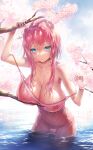  1girl bare_shoulders blue_eyes blue_sky blush branch breasts cherry_blossoms cleavage collarbone day dress falling_petals flower hair_between_eyes highres hisasi huge_breasts large_breasts long_hair looking_at_viewer nipples original outdoors parted_lips partially_submerged petals petals_on_liquid pink_flower pink_hair pubic_hair ripples see-through sky solo strap_slip tree wading water wet wet_clothes 