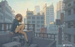  1girl absurdres artist_name blue_shorts blush brown_hair building cityscape closed_mouth full_body green_eyes hair_between_eyes hano_1219 highres knee_up legs long_hair long_sleeves looking_at_viewer on_rooftop original rooftop shorts sidelocks signature sitting smile solo 