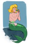  blonde_hair blush crossgender drinking fish_tail ftm_crossgender girly green_body green_scales hair hi_res humanoid male marine merfolk ripushko scales sitting solo split_form 