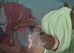  anthro blush bodily_fluids drooling duo erharia eyes_closed female hair herm humanoid intersex intersex/female kissing open_mouth saliva simple_background tongue tongue_out 