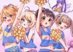  5girls :o absurdres ahoge arm_up armpits black_eyes black_hair blonde_hair blue_hair blue_shirt blue_skirt blush bow cheerleader commentary flat_chest fukuyama_mai green_eyes hair_bow hands_up highres holding holding_pom_poms holding_wand idolmaster idolmaster_cinderella_girls idolmaster_cinderella_girls_u149 jyuusirann0224 light_brown_hair looking_at_viewer multiple_girls navel one_eye_closed open_mouth orange_hair pink_background pom_pom_(cheerleading) ponytail purple_eyes red_eyes sajo_yukimi shirt sidelocks skirt sleeveless sleeveless_shirt smile stomach thought_bubble twintails upper_body wand yokoyama_chika yusa_kozue 