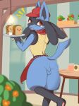  2020 anthro backsack balls blurred_foreground blush blush_stickers butt casual_exposure clothed clothing coffee_cup container cup detailed_background emanata flower food fruit furniture generation_4_pokemon genitals hat headgear headwear hi_res holding_serving_tray inside kerchief light_bulb looking_back lucario male neckerchief nintendo open_mouth orange_flower plant pokemon pokemon_(species) pokemon_cafe_mix raised_leg raised_tail rear_view red_clothing red_hat red_headwear red_kerchief red_neckerchief ricky945 sandwich_(food) serving_tray shrub skimpy snaggle_tooth solo table tail thick_thighs tomato waist_apron waiter working 