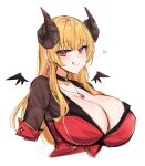 1girl black_choker blonde_hair breasts brown_eyes choker cleavage emu_(confisery) english_commentary hair_behind_ear heart heart_o-ring highres horns indie_virtual_youtuber jacket jewelry large_breasts licking_lips long_hair looking_at_viewer necklace o-ring o-ring_choker red_jacket smile solo tane_tenshi tongue tongue_out upper_body virtual_youtuber white_background wings 