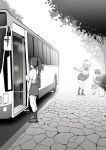  1boy 2girls ^^^ bag breasts bus commentary_request greyscale highres holding holding_phone large_breasts male_child monochrome motor_vehicle multiple_girls notice_lines original outdoors phone pointing ponytail road school_bag school_uniform shirt_tucked_in sidewalk sitting sky-freedom tree 