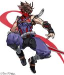  1boy bandaged_arm bandages belt brown_hair full_body indesign male_focus ninja plasma_sword red_scarf scarf signature simple_background solo spiked_hair strider_(video_game) strider_hiryuu sword weapon white_background 