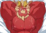  1boy absurdres armpits arms_behind_head bara beard biceps blank_eyes colored_skin curled_horns dakimakura_(medium) demon_boy demon_horns facial_hair forked_eyebrows furry furry_male gardie_(otsukimi) highres horns huge_eyebrows huge_pectorals large_pectorals lion_hair long_hair lying male_focus muscular muscular_male nipples nude on_back original otsukimi pectorals raised_eyebrow red_skin smile solo suggestive_fluid sweat tusks upper_body very_sweaty 