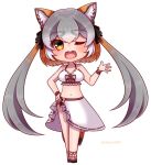  1girl animal_ears bikini extra_ears fox_ears fox_girl fox_tail grey_hair hikarikmy island_fox_(kemono_friends) kemono_friends kemono_friends_3 kemono_friends_v_project long_hair looking_at_viewer one_eye_closed open_mouth orange_hair ribbon sandals sarong simple_background solo swimsuit tail twintails virtual_youtuber yellow_eyes 