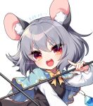  1girl :d animal_ear_fluff animal_ears bow bowtie commentary_request dowsing_rod dual_wielding eyes_visible_through_hair grey_hair holding holding_stick kozakura_(dictionary) looking_at_viewer medium_hair mouse_ears nazrin red_eyes round_teeth simple_background smile solo stick teeth touhou upper_teeth_only v-shaped_eyebrows white_background 