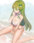  1girl :3 @_@ \||/ absurdres amano_hagoromo bare_legs bare_shoulders barefoot blush breasts button_gap closed_mouth commentary_request from_above green_eyes green_hair hair_intakes highres huge_breasts kochiya_sanae long_hair no_pants shirt sitting solo sweat touhou v_arms very_long_hair wariza wavy_mouth white_shirt wing_collar 
