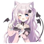  1girl ;d animal_ear_fluff animal_ears bangs black_wings blue_eyes blush copyright_request demon_girl demon_tail demon_wings detached_wings dress grey_hair hands_up heart heart_hands long_hair long_sleeves looking_at_viewer mini_wings off-shoulder_dress off_shoulder one_eye_closed pink_dress siera_(sieracitrus) simple_background smile solo tail two_side_up upper_body very_long_hair white_background wings 