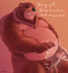  2023 anthro balls bear belly big_belly black_nose bodily_fluids brown_body brown_fur cum dialogue duo ejaculation english_text erection eyes_closed fur genital_fluids genitals hi_res kemono male mammal moobs nipples oral overweight overweight_male penis simple_background solo_focus text warmbrr 