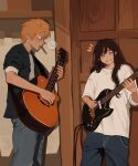  1boy 1girl chainsaw_man closed_eyes denim denji_(chainsaw_man) door electric_guitar english_text guitar highres instrument jeans long_hair looking_at_another loose_clothes loose_shirt mitaka_asa ms_tsukii music pants playing_instrument plectrum shirt short_sleeves t-shirt 