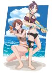  2girls asakura_toru bare_shoulders bead_bracelet beads belt bikini black_bikini blue_eyes blue_nails blue_sky blush border bracelet breasts brown_bikini brown_hair cleavage closed_mouth cloud collarbone day full_body hair_ornament hair_tie hairclip hands_up highres higuchi_madoka holding holding_water_gun idolmaster idolmaster_shiny_colors jewelry looking_at_viewer medium_breasts mismatched_bikini mole mole_under_eye multiple_girls nail_polish navel ocean open_mouth outdoors outside_border pink_nails pointing_gun purple_eyes short_hair sky squatting standing striped striped_bikini swept_bangs swimsuit tenma_(uropennzetubou) thigh_belt thigh_strap utility_belt vertical-striped_bikini vertical_stripes water_gun white_border 