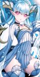  1girl aqua_hair blush braid breasts choker curled_horns dress fate/grand_order fate_(series) highres horns jewelry larva_tiamat_(fate) larva_tiamat_(first_ascension)_(fate) long_hair long_horns long_sleeves looking_at_viewer morizono_shiki parted_lips pendant pink_eyes pointy_ears ribbed_dress small_breasts solo symbol-shaped_pupils thighhighs thighs tiamat_(fate) white_dress white_thighhighs 