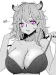  1girl animal_ear_fluff animal_ears arknights bra breasts dokonjou_(odossan) english_text large_breasts monochrome purple_eyes solo underwear upper_body utage_(arknights) white_background 