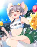  1girl animal_ears ari_don audience balloon blush cheerleader commission green_skirt grey_hair highres holding miniskirt mouse_ears mouse_girl mouse_tail nazrin open_mouth red_eyes skeb_commission skirt tail touhou viewfinder 