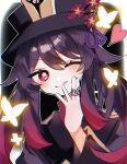  1girl ;p black_coat black_headwear blush bug butterfly coat flower flower-shaped_pupils genshin_impact glowing_butterfly hair_between_eyes hand_up hat hat_flower heart highres hu_tao_(genshin_impact) jewelry long_hair long_sleeves looking_at_viewer n_ohn6 one_eye_closed red_eyes ring solo symbol-shaped_pupils tongue tongue_out twintails upper_body 