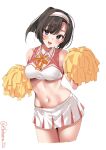  1girl akizuki_(kancolle) bare_shoulders black_hair blush breasts cheerleader cropped_legs ebifurya hairband highres holding holding_pom_poms kantai_collection looking_at_viewer medium_breasts miniskirt navel neck_ribbon one-hour_drawing_challenge open_mouth pom_pom_(cheerleading) ribbon simple_background skirt smile solo thighs twitter_username white_background white_hairband white_skirt 