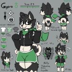  anthro baronflint bottomwear canid canine clothing english_text eyewear glasses gyero_(baronflint) hoodie hotpants male mammal model_sheet multiple_poses pose scarf shorts solo standing text topwear 