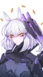  01pado_pado 1girl animal_ears carrot fake_animal_ears grey_hair hair_between_eyes hair_ornament headgear highres mechanical_parts medium_hair orange_eyes punishing:_gray_raven rabbit_ears rosetta:_rigor_(punishing:_gray_raven) rosetta_(punishing:_gray_raven) sidelocks solo x_hair_ornament 