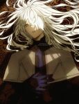  1boy absurdres artist_name blue_gloves capelet cross fate/requiem fate_(series) galahad_(fate) galahad_alter gloves hair_over_one_eye highres long_hair lying male_focus on_back shokansenn solo upper_body white_capelet white_hair yellow_eyes 