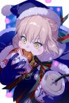  1girl artoria_pendragon_(fate) blue_gloves blue_santa_costume bow burger cape cheese christmas cup disposable_cup drinking_straw eating echo_(circa) fast_food fate/grand_order fate_(series) food fur-trimmed_cape fur-trimmed_headwear fur_trim gloves grey_hair hat holding holding_food ribbon santa_alter santa_costume santa_hat sesame_seeds sidelocks solo striped striped_ribbon yellow_eyes 