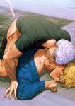  2boys absurdres anal artist_name ass bara bite_mark black_pants black_shirt blonde_hair blue_shirt bottomless clothes_pull fatcat gojou_satoru highres jujutsu_kaisen looking_at_another male_focus multiple_boys muscular muscular_male naked_shirt nanami_kento pants pants_pull saliva sex sex_from_behind shirt short_hair smile white_hair yaoi 