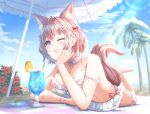  absurdres animal_ears brown_hair colored_eyelashes drink fox_ears fox_tail hakui_koyori harutaro_5d highres hololive lying navel on_stomach outdoors sunlight swimsuit tail virtual_youtuber 