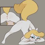  absurd_res animaniacs anthro anus ass_up big_breasts blonde_hair blue_eyeshadow breasts butt eyeshadow female fluffy fluffy_tail fur genitals grey_background hair hi_res looking_at_viewer makeup mammal minerva_mink mink mustelid musteline nude payanuma pussy seductive simple_background solo tail true_musteline warner_brothers white_body white_fur 