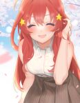  1girl :d ^_^ adjusting_hair ahoge arm_at_side bare_arms blurry blush breasts brown_skirt casual cherry_blossoms closed_eyes commentary cowboy_shot day depth_of_field double-parted_bangs eyelashes facing_viewer falling_petals go-toubun_no_hanayome hair_between_eyes hair_ornament hand_up happy high-waist_skirt highres kakato_0 large_breasts leaning_forward long_hair nakano_itsuki open_mouth outdoors petals red_hair shirt sidelocks skirt sleeveless sleeveless_shirt smile solo spring_(season) standing star_(symbol) star_hair_ornament very_long_hair wavy_hair white_shirt 