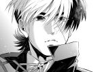  1boy absurdres bishounen black_jack_(character) black_jack_(series) collared_shirt greyscale hair_over_one_eye high_collar highres light_particles looking_ahead male_focus monochrome multicolored_hair parted_lips ribbon scar scar_on_face shirt short_hair simple_background solo split-color_hair yuu_(masarunomori) 