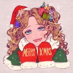 1girl 4awaseyo angel blue_eyes blush box brown_hair christmas_ornaments cropped_torso ear_piercing eyeshadow gift gift_box hair_ornament long_hair looking_at_viewer makeup merry_christmas open_mouth original piercing red_mittens smile snowflakes solo star_(symbol) star_hair_ornament white_background 