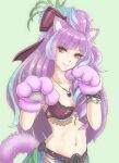  1girl absurdres animal_ear_fluff animal_ears bikini bikini_top_only blue_flower blue_skirt bow breasts cat_ears cat_girl cat_tail cleavage collarbone dekuashi flower green_background hair_bow hair_bun head_tilt highres jewelry kemonomimi_mode macross macross_delta mikumo_guynemer multicolored_hair navel necklace procreate_(medium) purple_bikini purple_bow red_eyes single_hair_bun skirt small_breasts smile solo streaked_hair swimsuit tail 